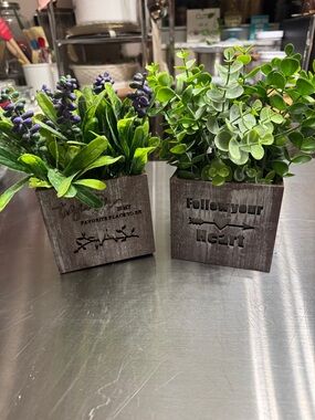 Rustic Brown Wooden Planter Set with Green & Purple Faux Plants